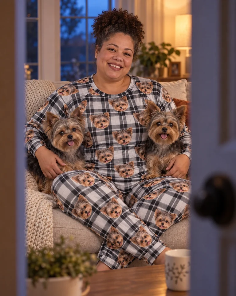 Woman in birthday pajamas with her Yorkshire terrier — MyDogPics
