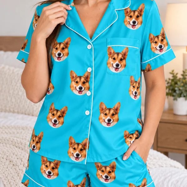 Close-up of the blue pajama set print: tan-and-white corgi faces on teal satin — MyDogPics