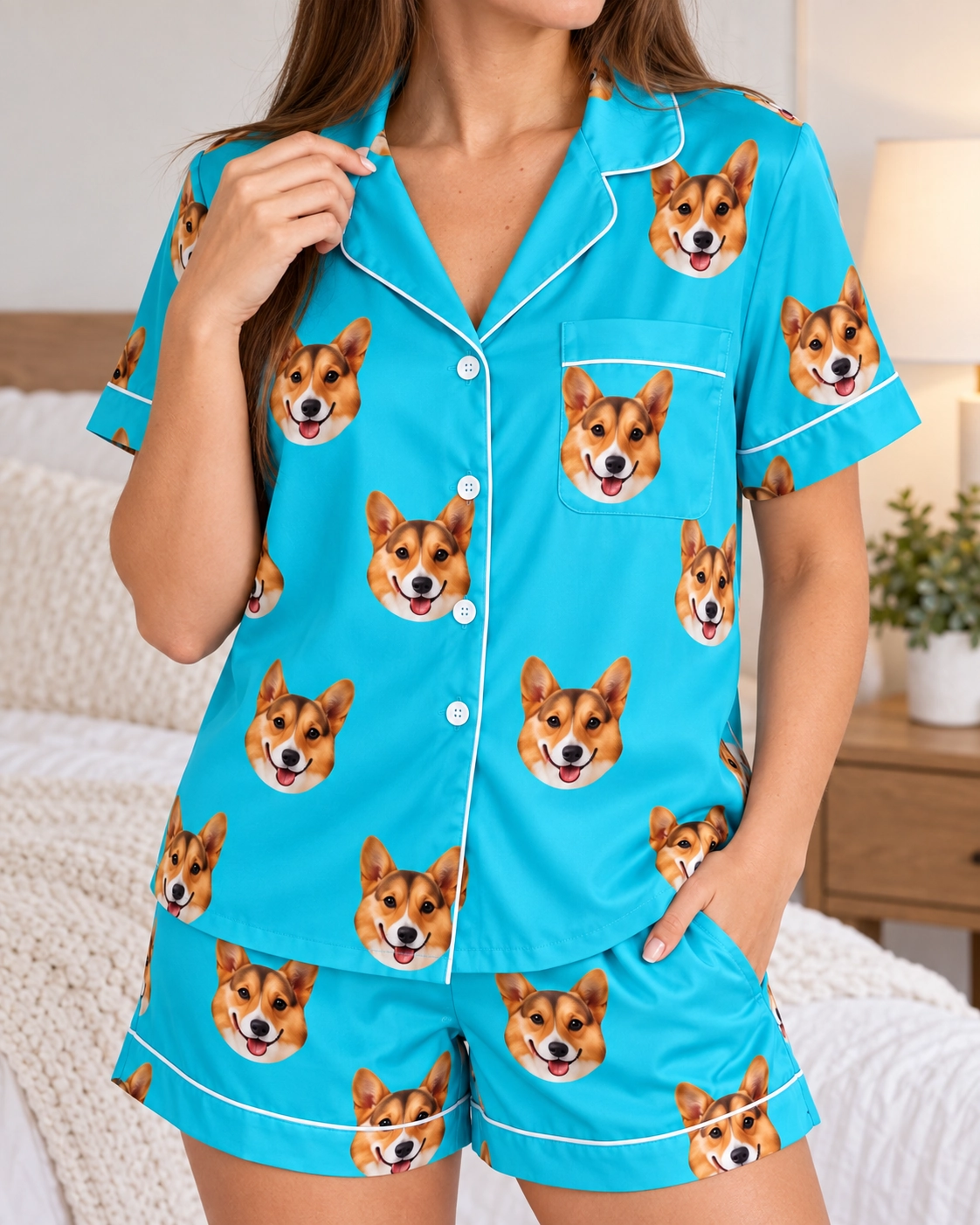 Blue Pajama Set – Print Close-Up, Teal | MyDogPics Close-up of the blue pajama set print: tan-and-white corgi faces on teal satin — MyDogPics