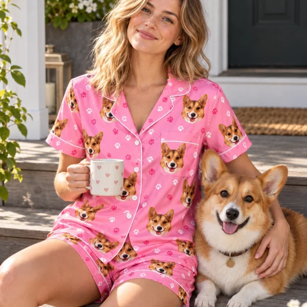 Woman in a blue pajama set cuddling her corgi — MyDogPics