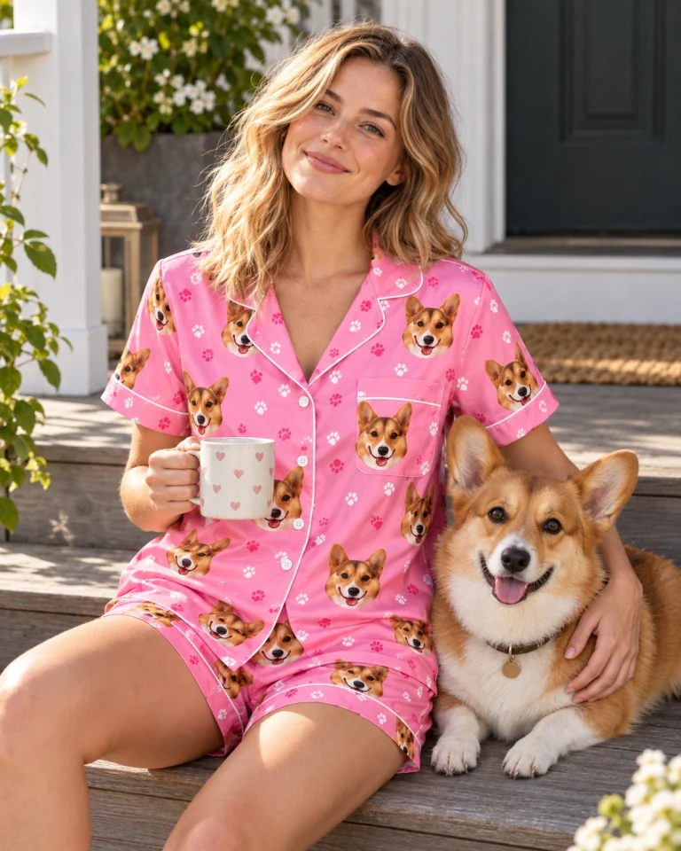 Woman in a blue pajama set cuddling her corgi — MyDogPics