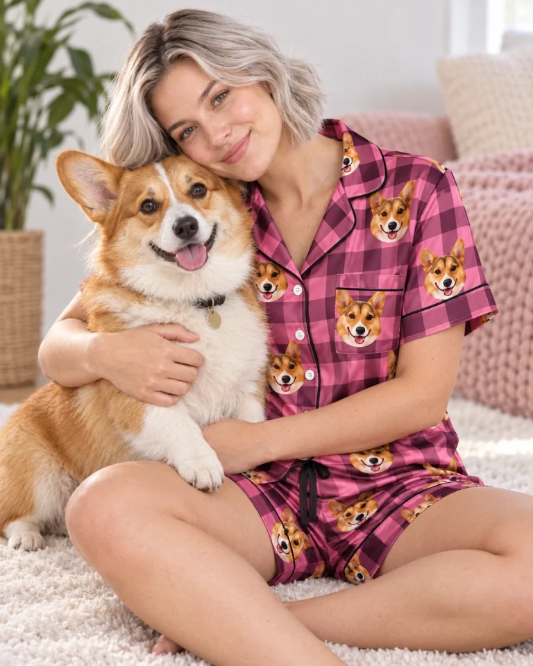 Woman in a blue pajama set cuddling her corgi — MyDogPics