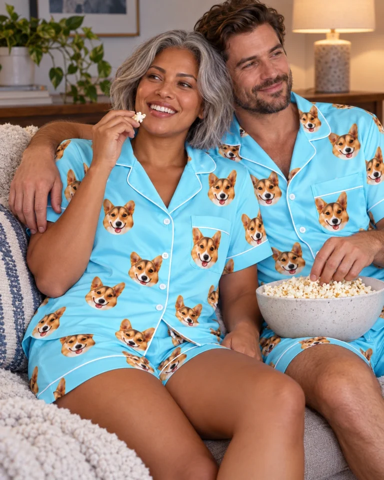 Woman and her partner in matching blue pajama set with tan-and-white corgi faces on light blue satin — MyDogPics