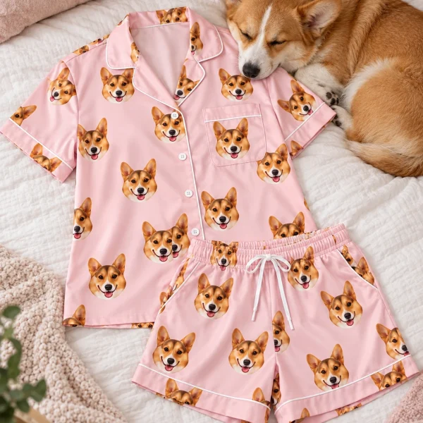Flat lay of a blue pajama set: shirt and shorts covered in tan-and-white corgi faces — MyDogPics
