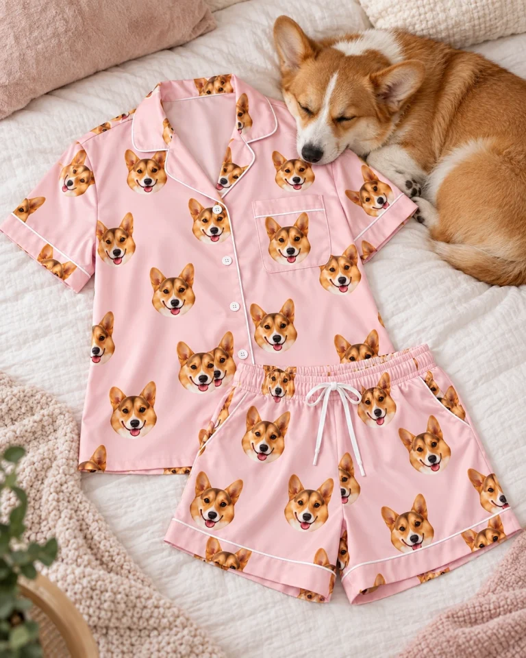 Flat lay of a blue pajama set: shirt and shorts covered in tan-and-white corgi faces — MyDogPics