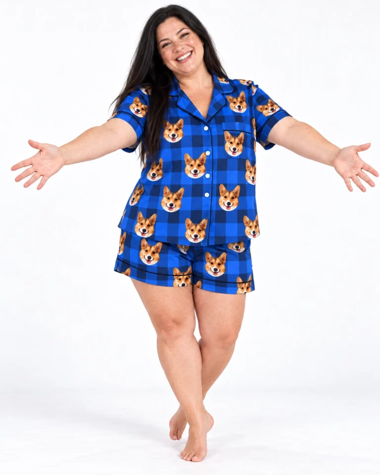 Woman wearing a blue pajama set covered in tan-and-white corgi faces on blue plaid satin — MyDogPics