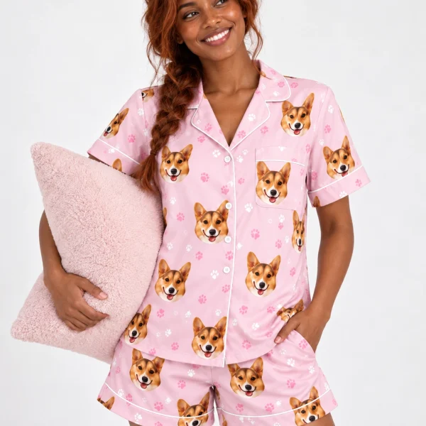 Woman wearing a blue pajama set covered in tan-and-white corgi faces on blush pink paw-print satin — MyDogPics
