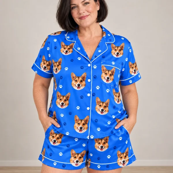 Woman wearing a blue pajama set covered in tan-and-white corgi faces on royal blue paw-print satin — MyDogPics
