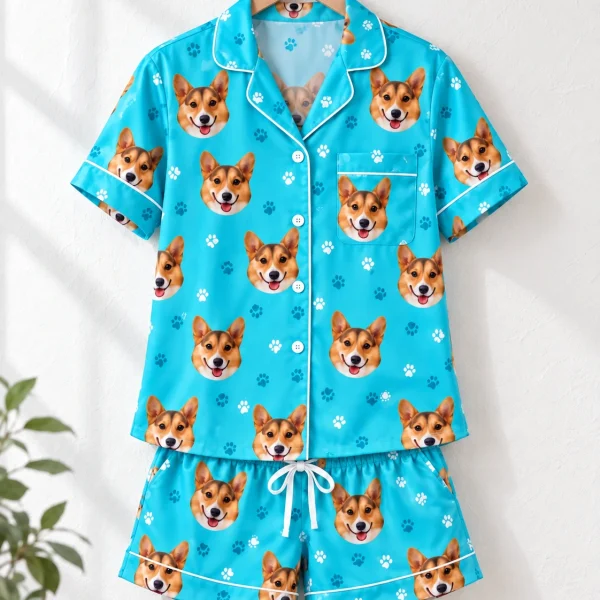 Blue pajama set shirt and shorts hanging up, covered in tan-and-white corgi faces — MyDogPics