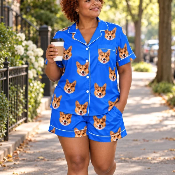 Woman posing in a blue pajama set, tan-and-white corgi faces on royal blue satin — MyDogPics