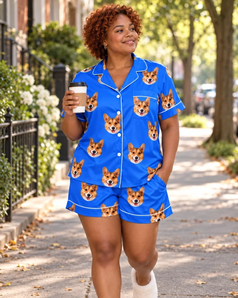 Woman posing in a blue pajama set, tan-and-white corgi faces on royal blue satin — MyDogPics
