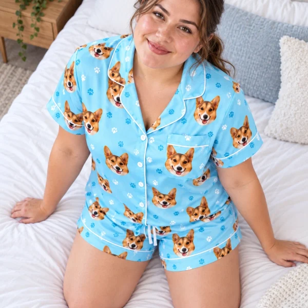 Woman sitting in a blue pajama set covered in tan-and-white corgi faces — MyDogPics