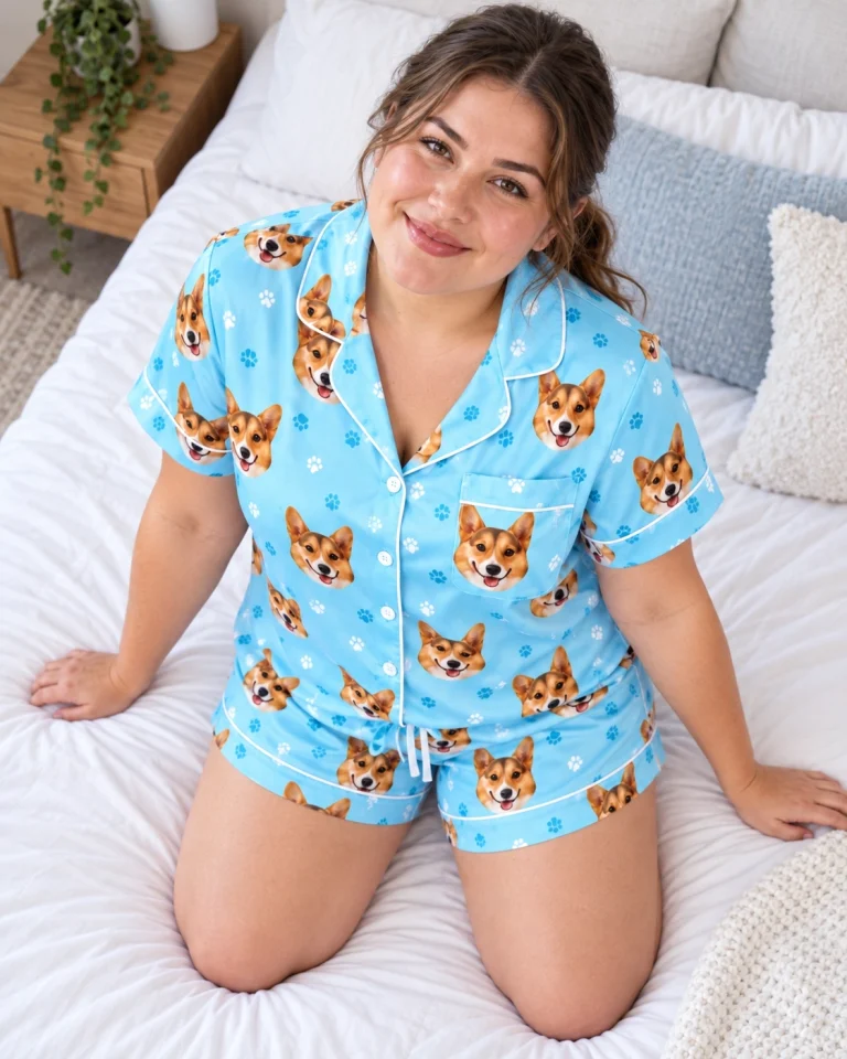 Woman sitting in a blue pajama set covered in tan-and-white corgi faces — MyDogPics