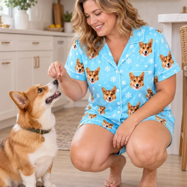 Woman in a blue pajama set with her corgi — MyDogPics