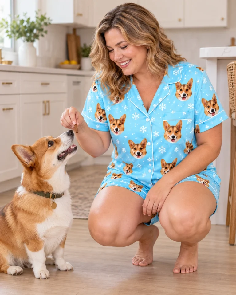 Woman in a blue pajama set with her corgi — MyDogPics