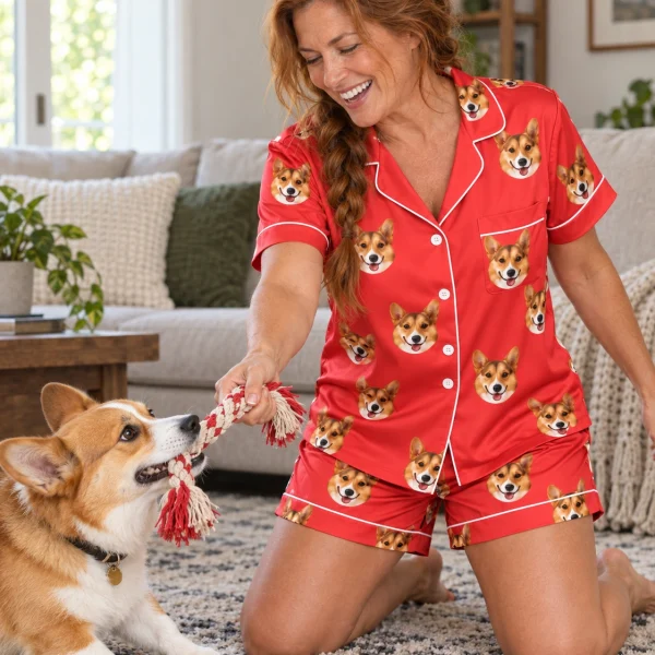 Woman in a blue pajama set with her corgi — MyDogPics