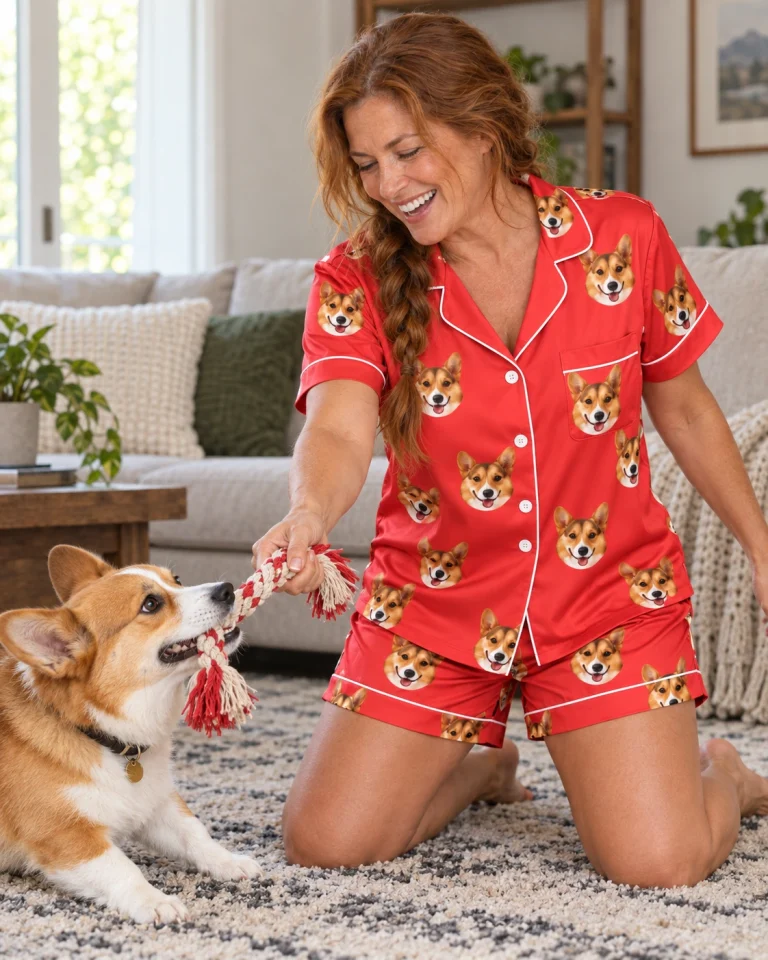 Woman in a blue pajama set with her corgi — MyDogPics