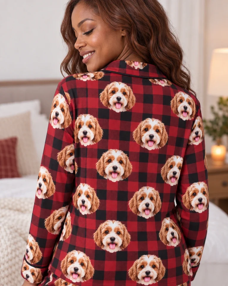 Back view of blue pajamas: the print continues all the way round — MyDogPics