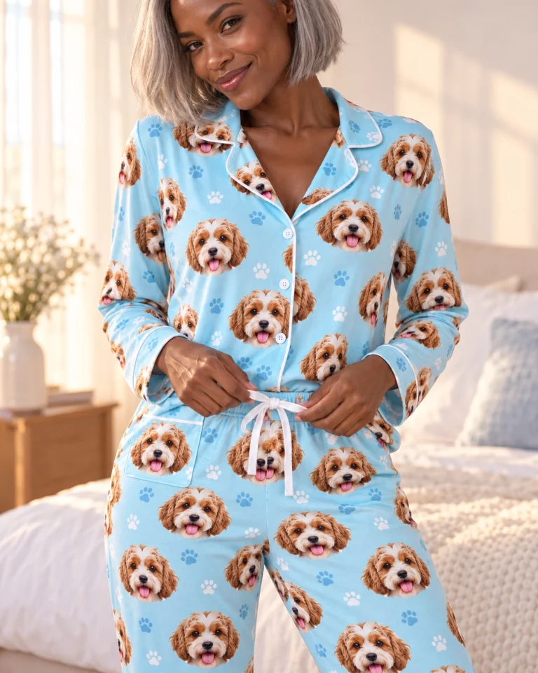 Close-up of the blue pajamas print: doodle puppy faces on light blue paw-print fabric with contrast piping — MyDogPics