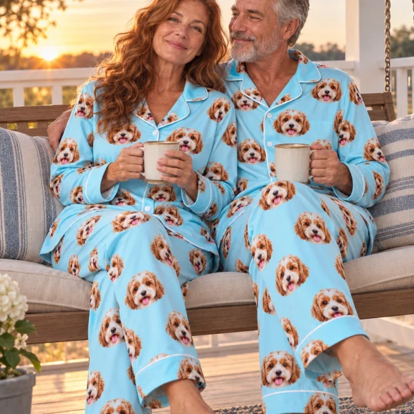 Woman and her partner in matching blue pajamas with doodle puppy faces on light blue fabric with contrast piping — MyDogPics