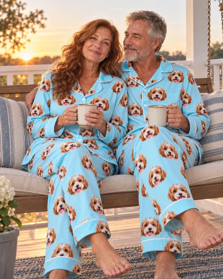 Woman and her partner in matching blue pajamas with doodle puppy faces on light blue fabric with contrast piping — MyDogPics
