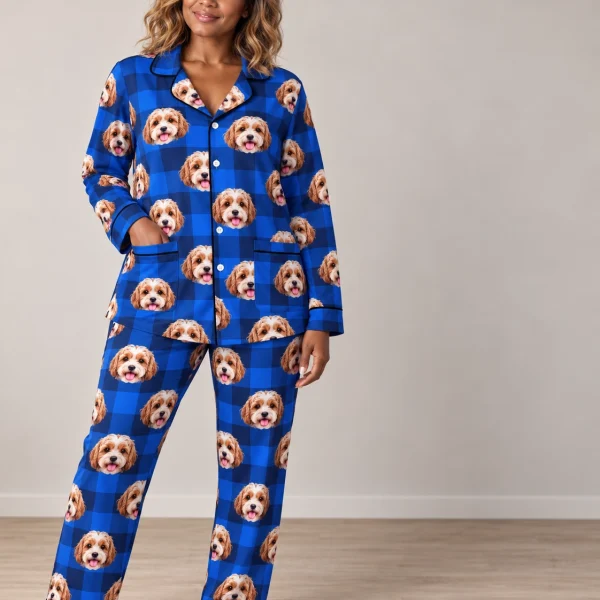 Woman wearing blue pajamas covered in doodle puppy faces on blue plaid fabric with contrast piping — MyDogPics