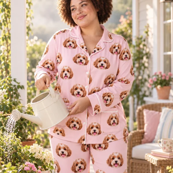Woman posing in blue pajamas, doodle puppy faces on blush pink fabric with contrast piping — MyDogPics