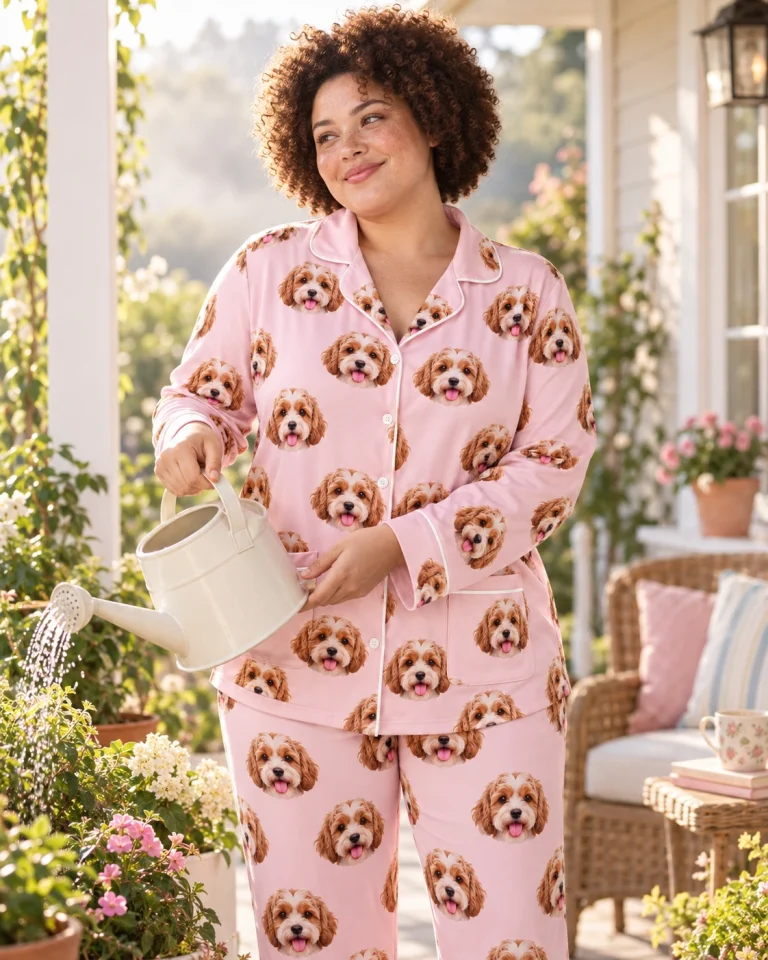 Woman posing in blue pajamas, doodle puppy faces on blush pink fabric with contrast piping — MyDogPics