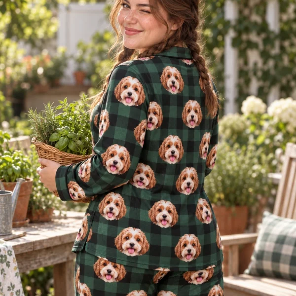 Woman posing in blue pajamas, doodle puppy faces on green plaid fabric with contrast piping — MyDogPics