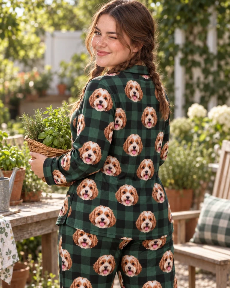 Woman posing in blue pajamas, doodle puppy faces on green plaid fabric with contrast piping — MyDogPics