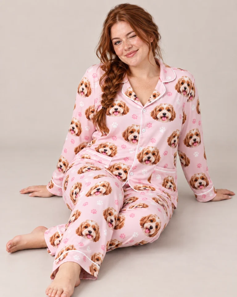 Woman sitting in blue pajamas covered in doodle puppy faces — MyDogPics