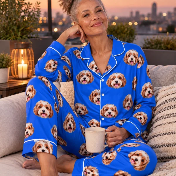 Woman sitting in blue pajamas covered in doodle puppy faces — MyDogPics