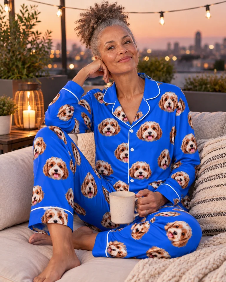 Woman sitting in blue pajamas covered in doodle puppy faces — MyDogPics