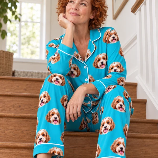 Woman sitting in blue pajamas covered in doodle puppy faces — MyDogPics