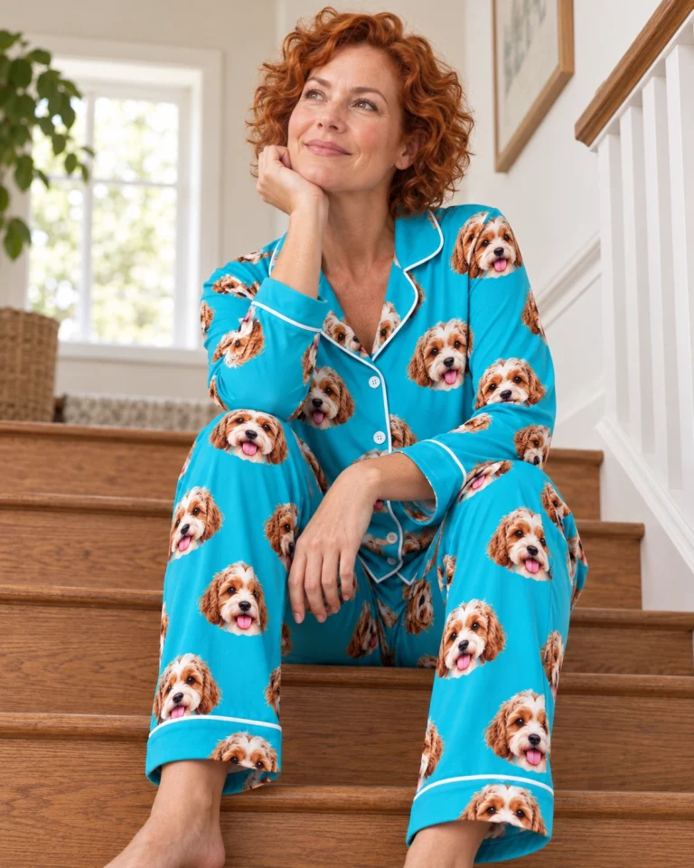 Woman sitting in blue pajamas covered in doodle puppy faces — MyDogPics