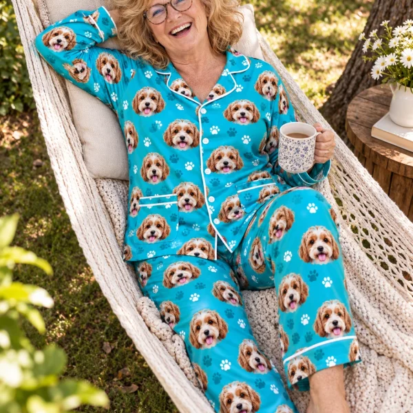 Woman sitting in blue pajamas covered in doodle puppy faces — MyDogPics