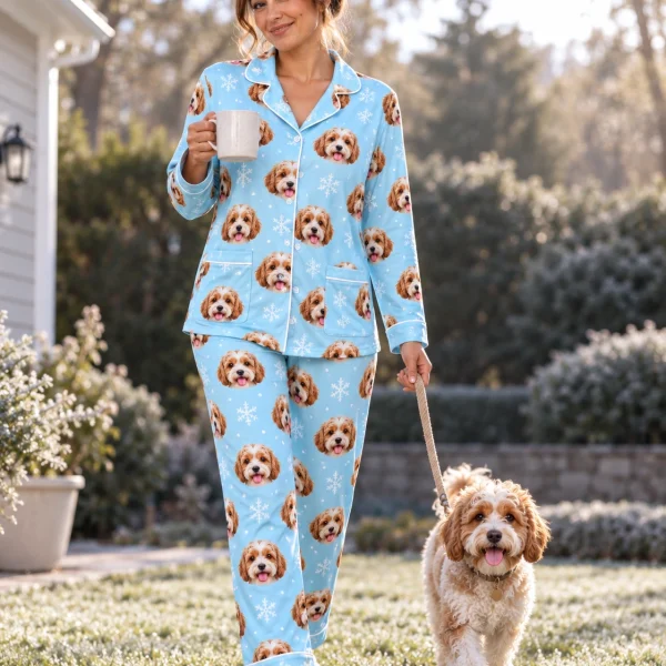 Woman in blue pajamas with her doodle puppy — MyDogPics