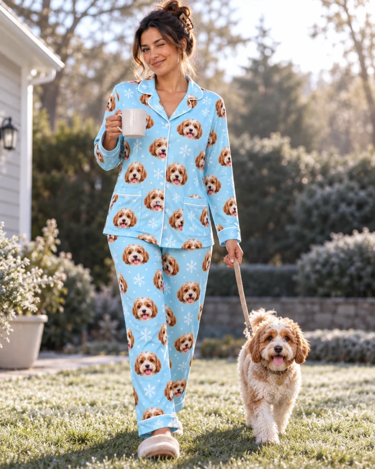 Woman in blue pajamas with her doodle puppy — MyDogPics