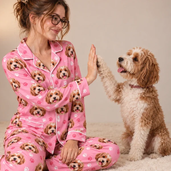 Woman in blue pajamas with her doodle puppy — MyDogPics
