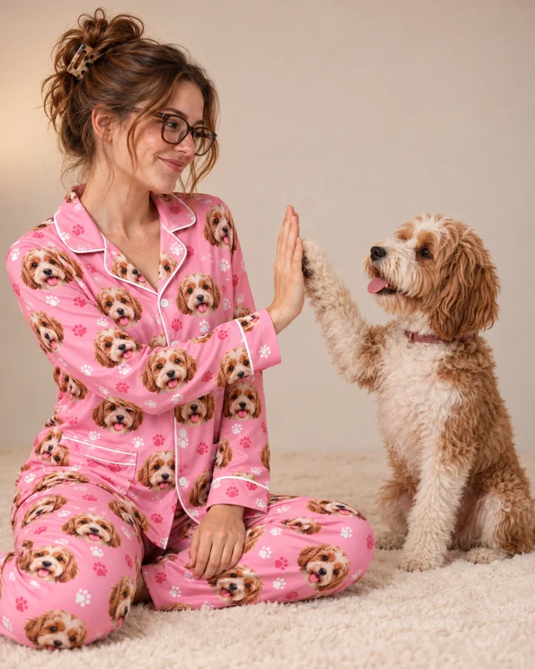 Woman in blue pajamas with her doodle puppy — MyDogPics