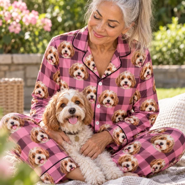 Woman in blue pajamas with her doodle puppy — MyDogPics