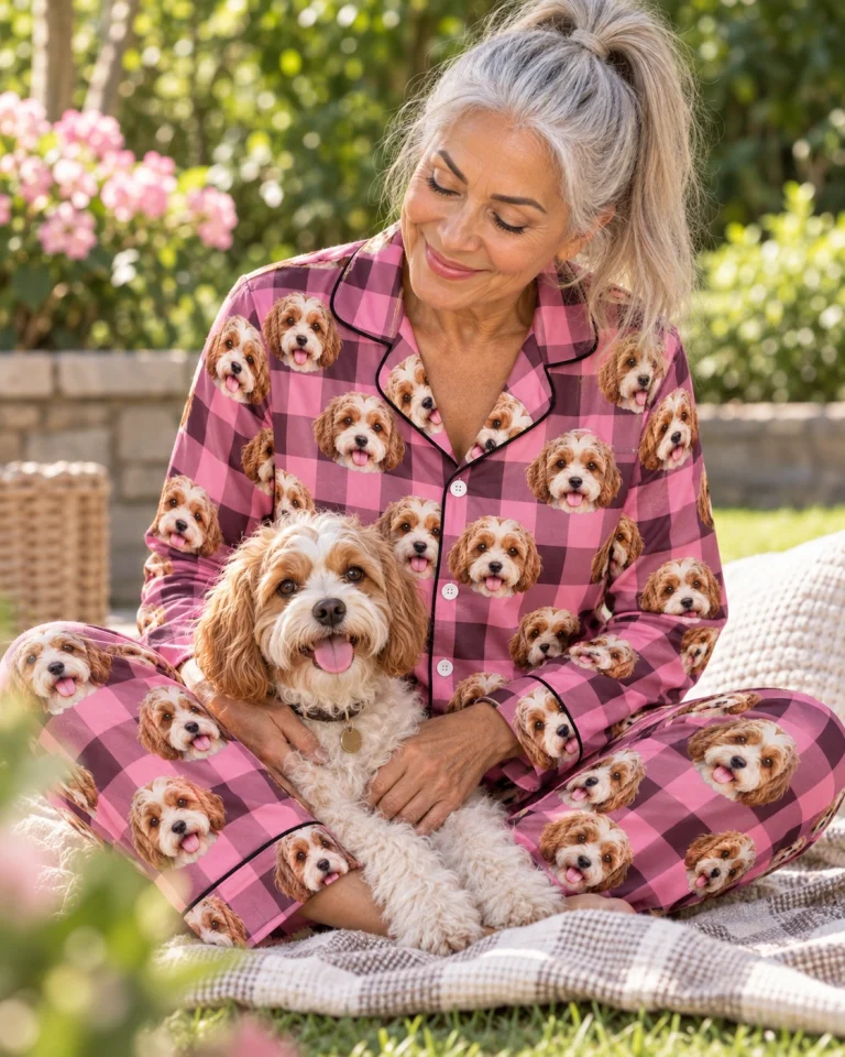 Woman in blue pajamas with her doodle puppy — MyDogPics