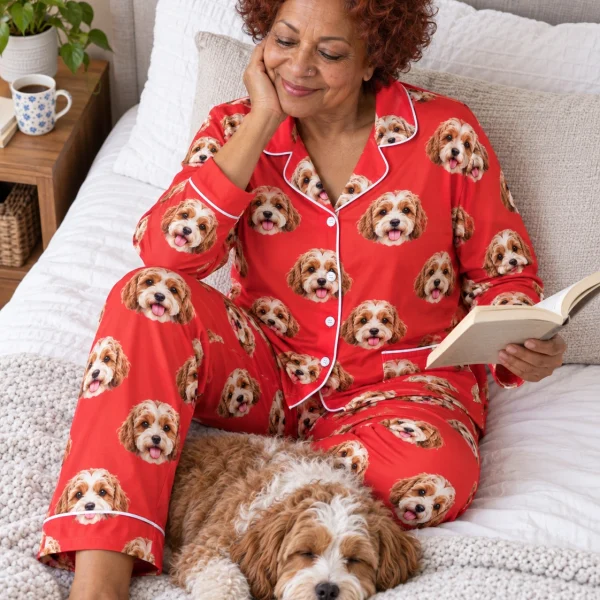 Woman in blue pajamas with her doodle puppy — MyDogPics