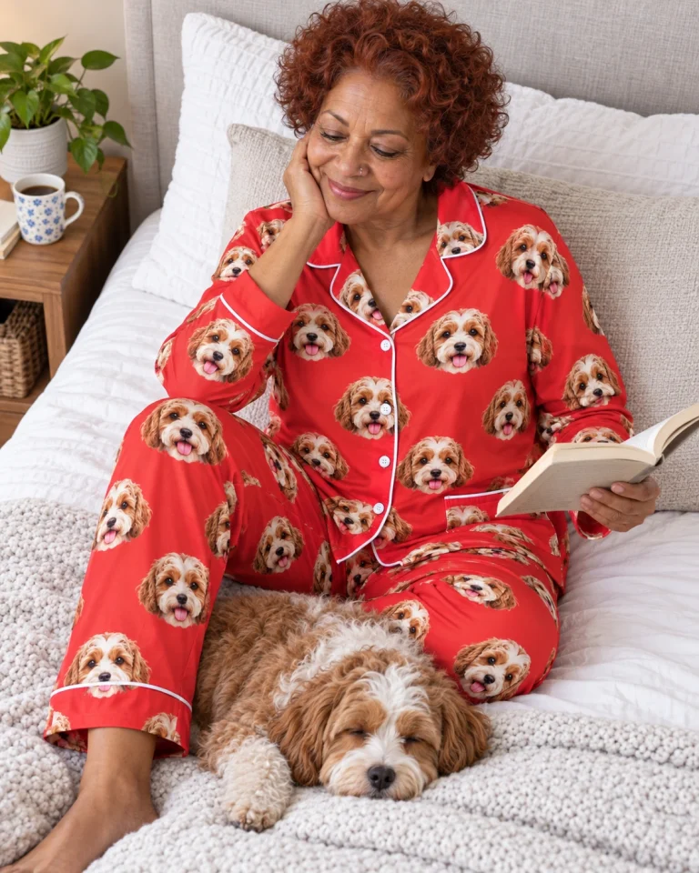 Woman in blue pajamas with her doodle puppy — MyDogPics