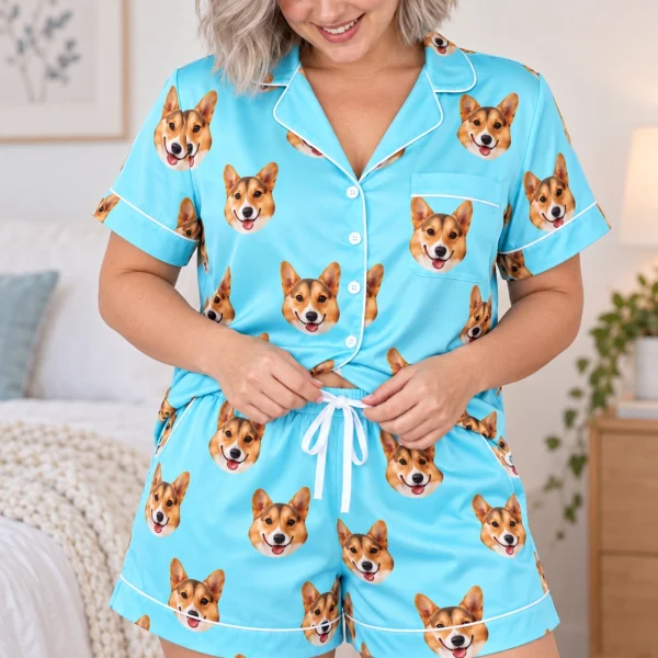 Close-up of the bridal pajamas print: tan-and-white corgi faces on light blue satin — MyDogPics