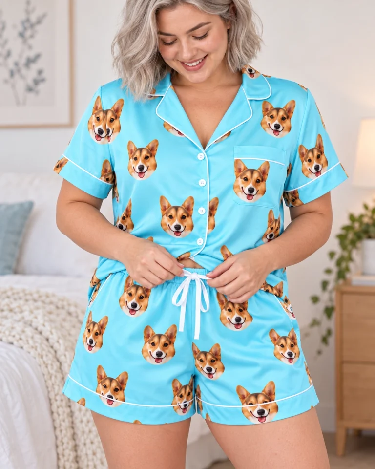 Close-up of the bridal pajamas print: tan-and-white corgi faces on light blue satin — MyDogPics