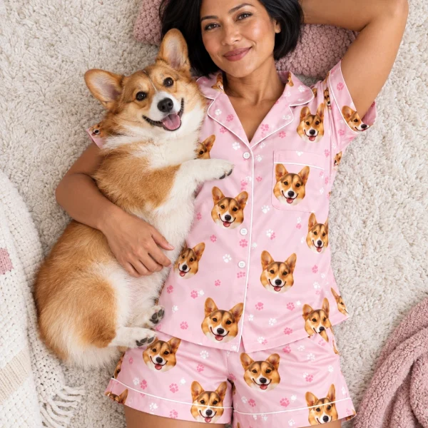 Woman in bridal pajamas cuddling her corgi — MyDogPics