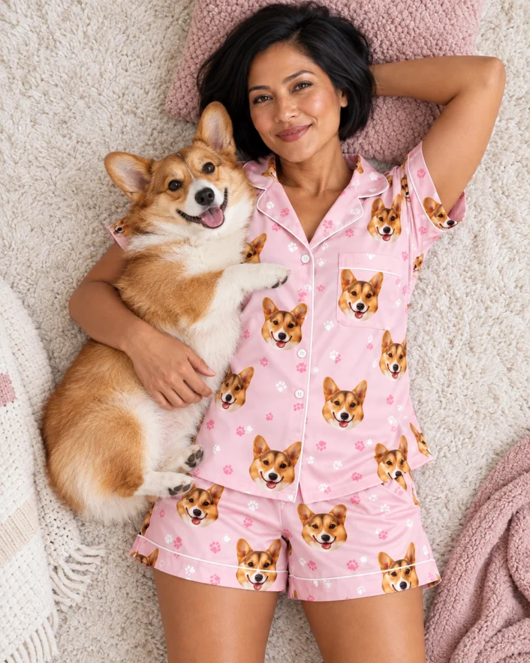 Woman in bridal pajamas cuddling her corgi — MyDogPics
