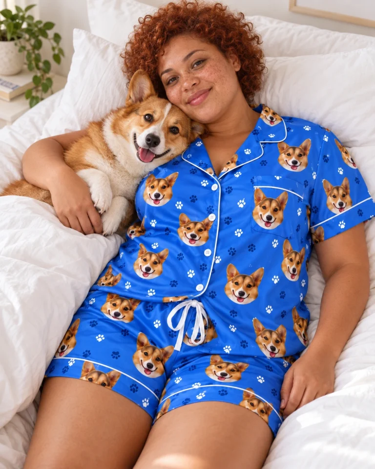 Woman in bridal pajamas cuddling her corgi — MyDogPics