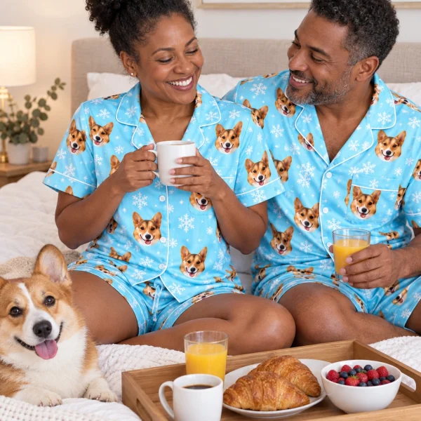 Woman and her partner in matching bridal pajamas with tan-and-white corgi faces on light blue snowflake satin — MyDogPics